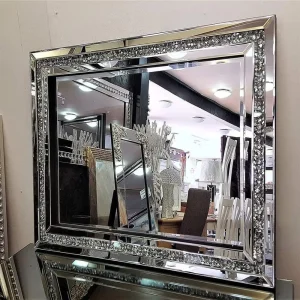 32x24 Crushed Diamond Bevelled Wall Mirror Decor Silver